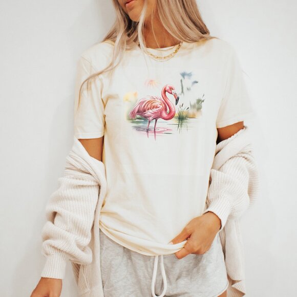 Pink Flamingo Graphic Tee Watercolor Bird Standing in Water Shirt - Picture 3 of 7